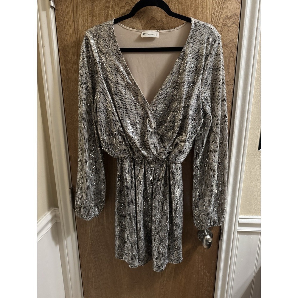 The Impeccable Pig Snake Skin Sequined Dress Beige Black Mini Long Sleeve Sz L